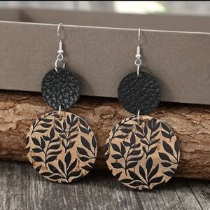 Brown Round Disc with Black Leaf Print, Faux Leather Drop/Dangle Earrings